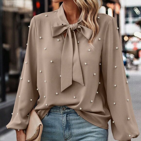Khaki Elegant Women's Lantern Sleeve Faux Pearl Decor Blouse - Picture 3 of 5